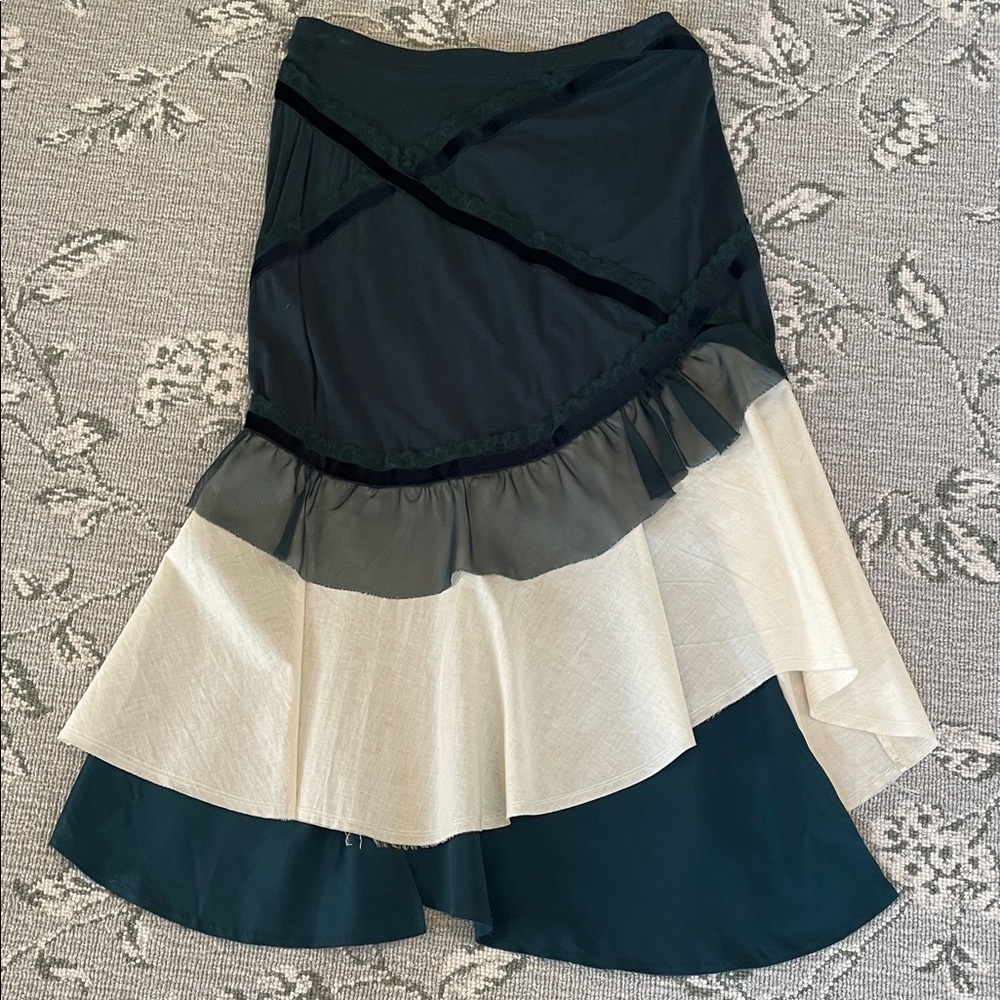 VINTAGE ISSEY MIYAKE  TEAL and Cream Asymmetrical Ruffle Skirt